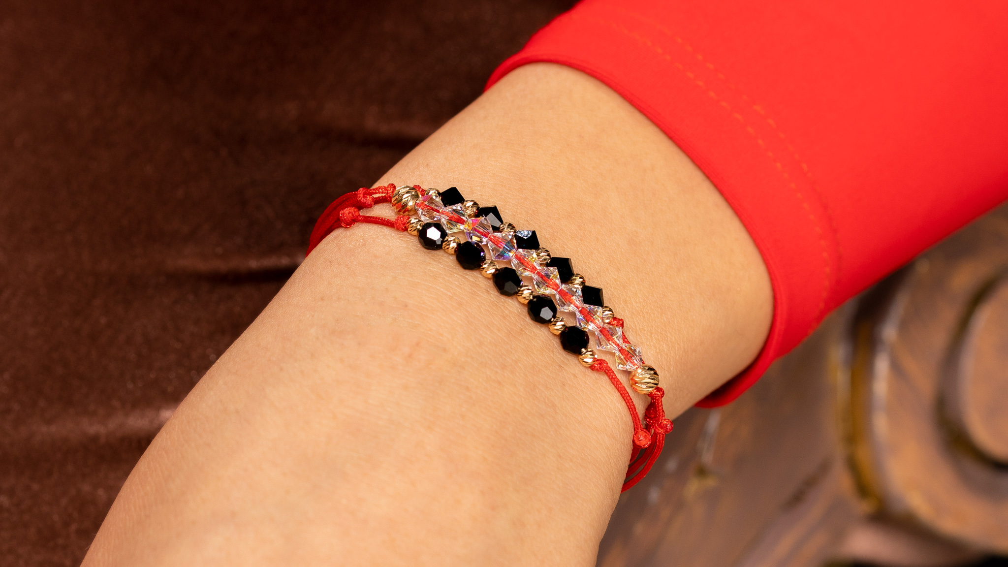 Brățară șnur roșu și bile Aur 585 14K & Cristale - imagine 3