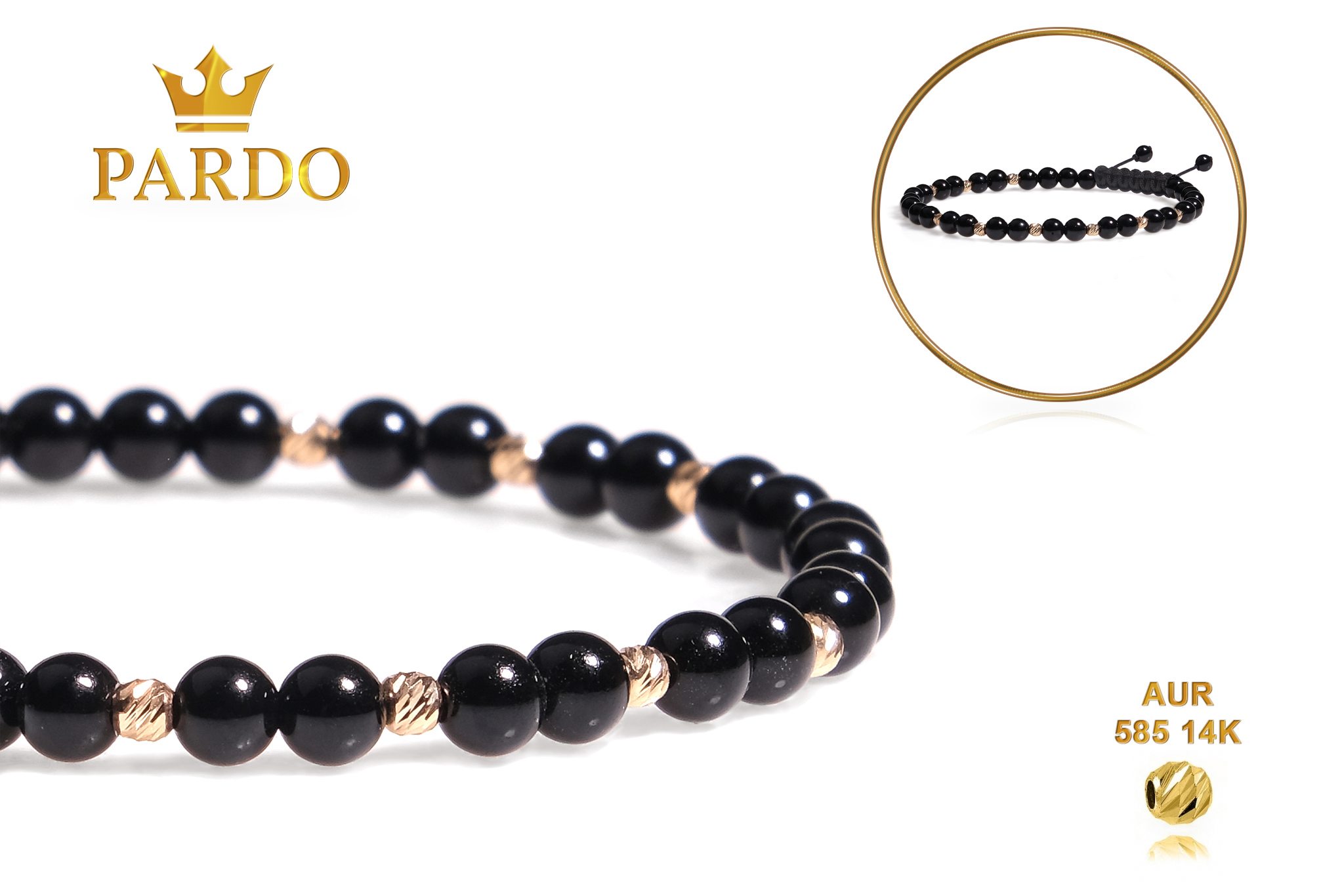 Bratara Snur Pardo realizata cu Onix Negru si bile de Aur 585 14 Karate - imagine 5