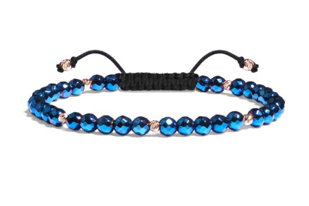 Bratara Pardo realizata cu snur si pietre semipretioase Hematit Albastru Fatetat de 4 mm si sfere striate  din Aur 585 de 14 Karate