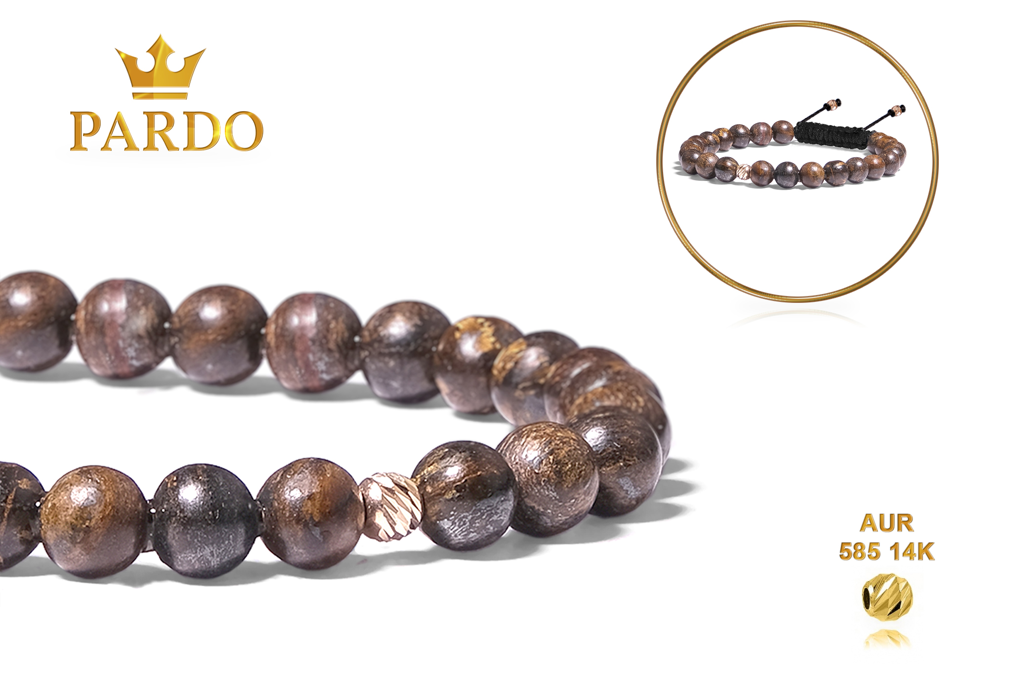 Bratara Pardo realizata cu snur si pietre semipretioase Bronzit Maro Sfera de 6 mm si sfere striate din Aur 585 de 14 Karate - imagine 4