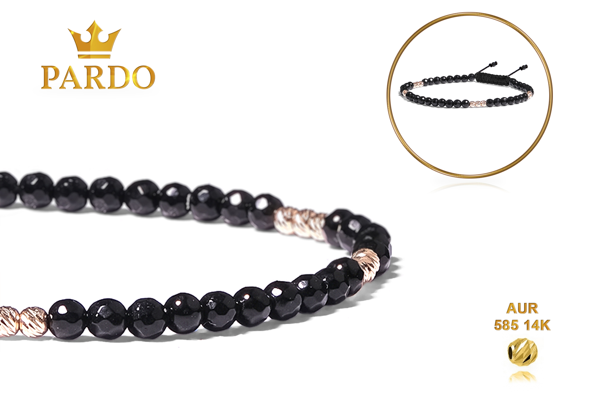 Bratara Pardo realizata cu snur si pietre semipretioase Onix Negru Fatetat de 4 mm si sfere striate din Aur 585 de 14 Karate - imagine 4