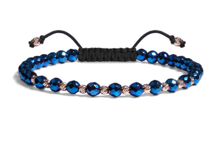 Bratara Pardo realizata cu snur si pietre semipretioase Hematit Albastru Fatetat de 4 mm si sfere striate  din Aur 585 de 14 Karate