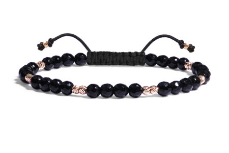 Bratara Pardo realizata cu snur si pietre semipretioase Onix negru Fatetat de 4 mm si sfere striate  din Aur 585 de 14 Karate