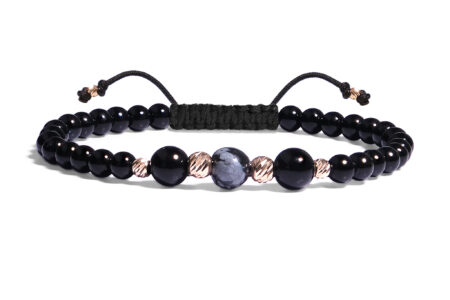 Bratara Pardo realizata cu snur si pietre semipretioase Onix Negru Sfera de 4 mm si sfere striate  din Aur 585 de 14 Karate