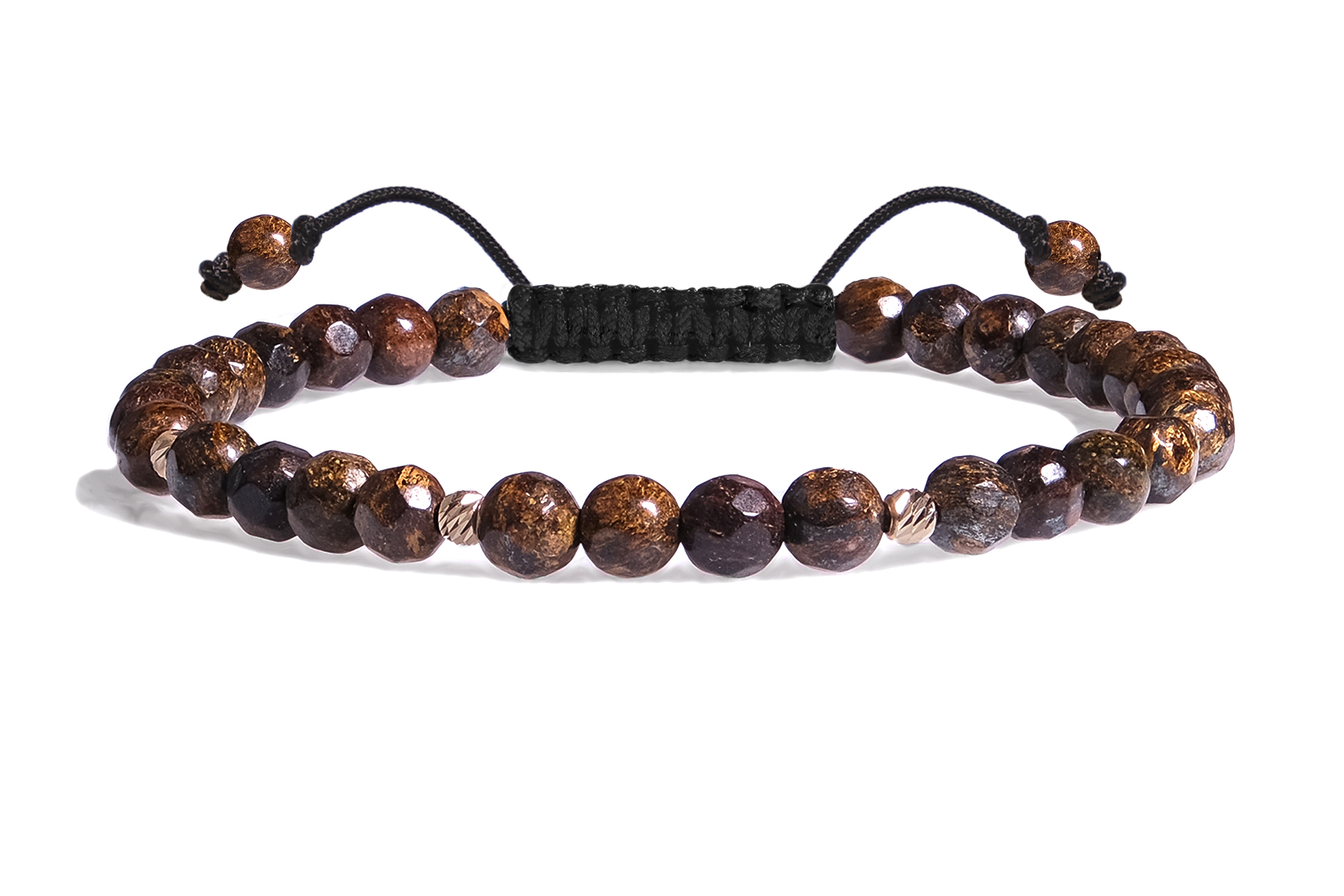 Bratara Pardo realizata cu snur si pietre semipretioase Bronzit Maro Sfera de 4 mm si sfere striate din Aur 585 de 14 Karate