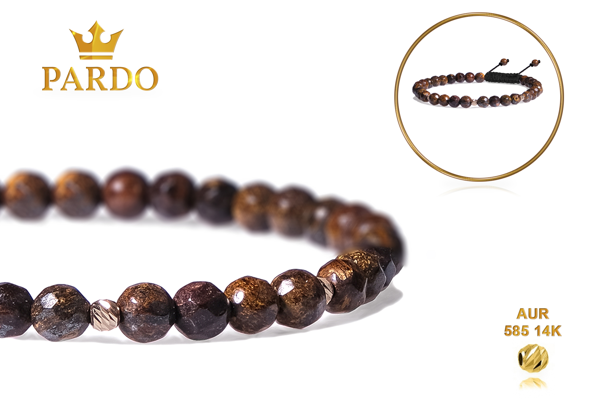 Bratara Pardo realizata cu snur si pietre semipretioase Bronzit Maro Sfera de 4 mm si sfere striate din Aur 585 de 14 Karate - imagine 4
