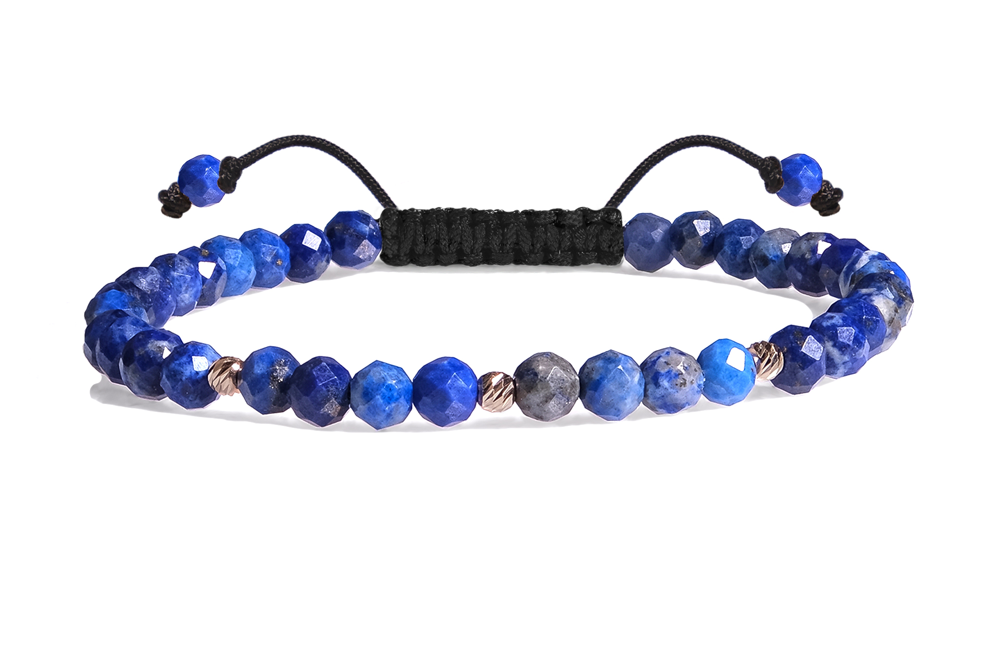 Bratara Pardo realizata cu snur si pietre semipretioase Lapis Lazuli Albastru Fatetat de 4 mm si sfere striate din Aur 585 de 14 Karate