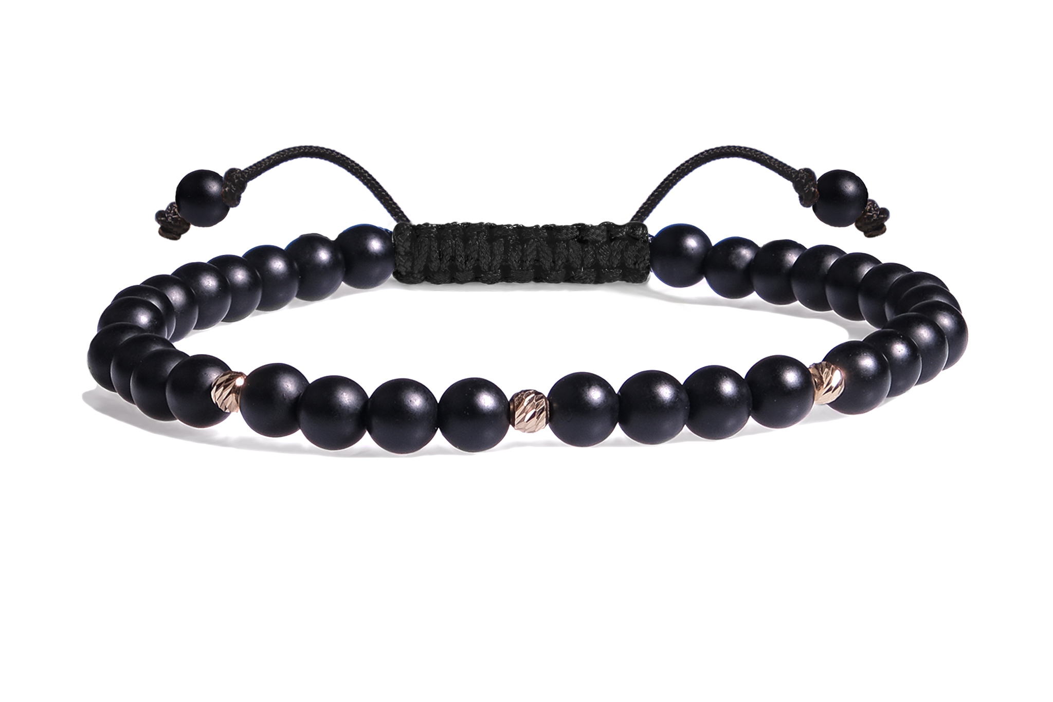 Bratara Pardo realizata cu snur si pietre semipretioase Onix Negru Sfera de 4 mm si sfere striate din Aur 585 de 14 Karate