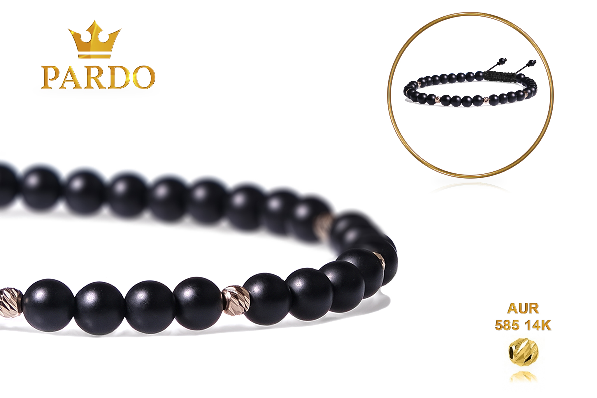 Bratara Pardo realizata cu snur si pietre semipretioase Onix Negru Sfera de 4 mm si sfere striate din Aur 585 de 14 Karate - imagine 4