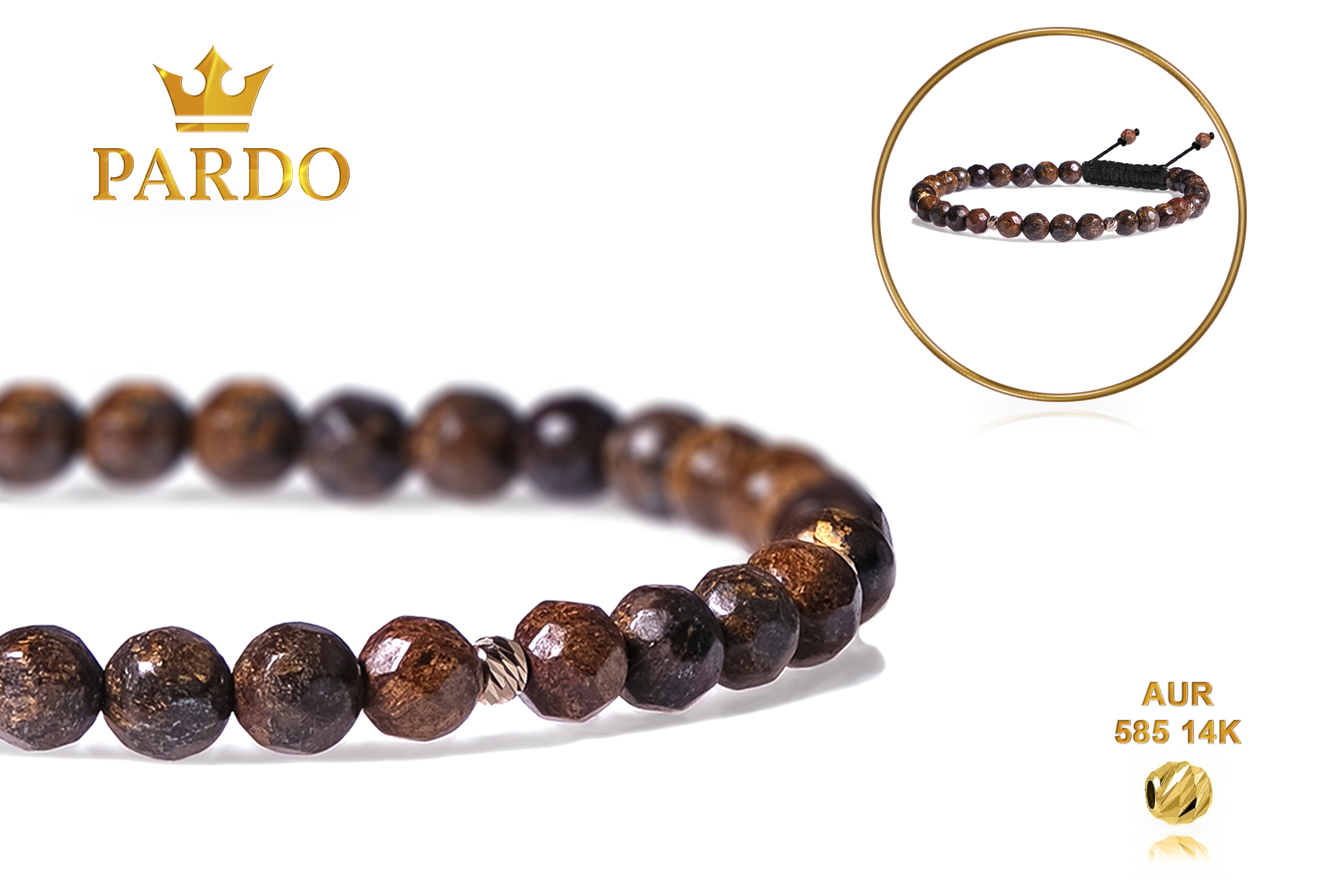 Bratara Pardo realizata cu snur si pietre semipretioase Bronzit Maro Fatetat de 4 mm si sfere striate din Aur 585 de 14 Karate - imagine 4