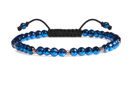 Bratara Pardo realizata cu snur si pietre semipretioase Hematit Albastru Fatetat de 4 mm si sfere striate  din Aur 585 de 14 Karate