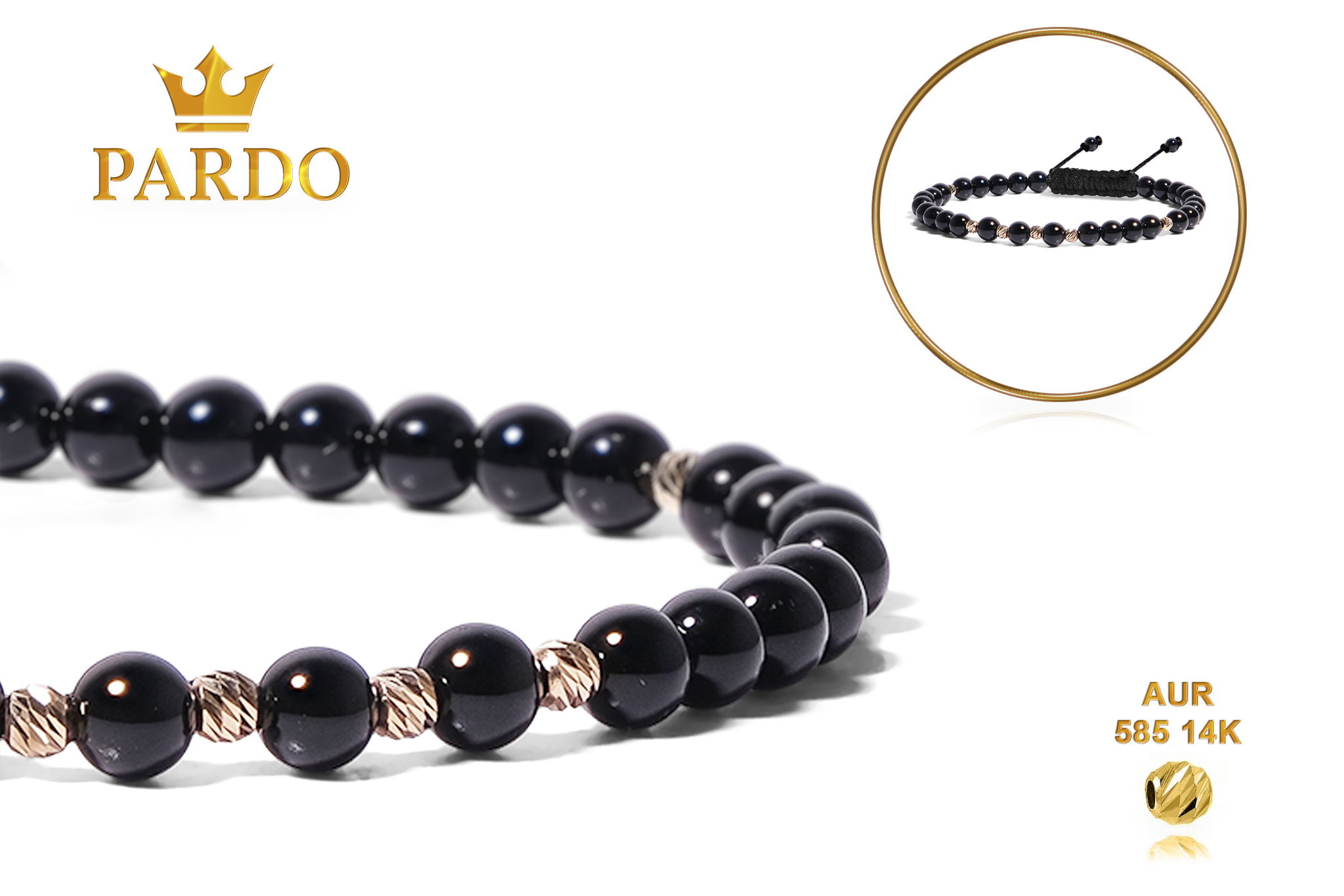 Bratara Pardo realizată cu pietre semipretiose Onix Lucios 4 mm și bile de Aur 585 14K - imagine 5