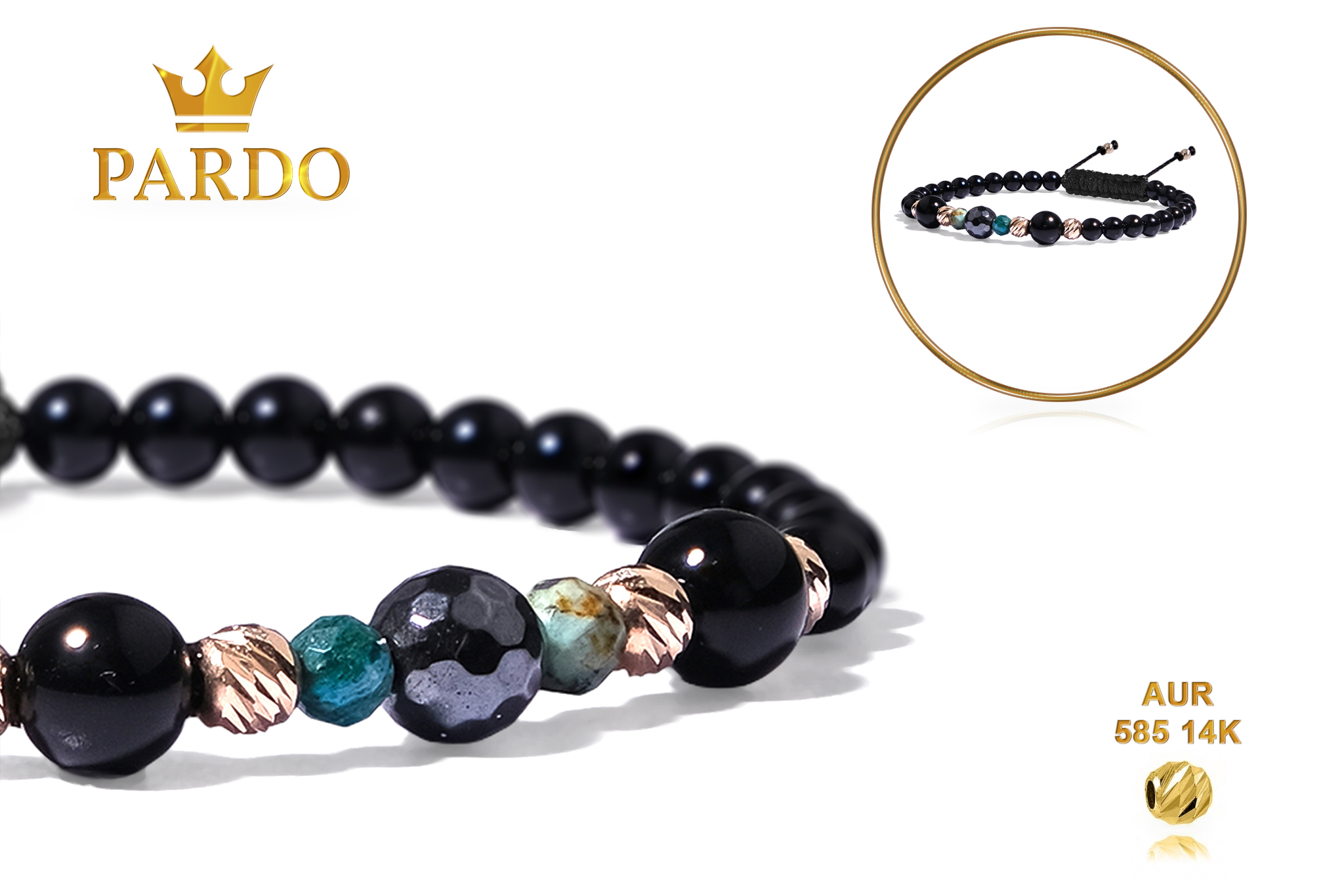 Bratara Pardo realizata cu pietre semipretioase Onix, Crisocola, Hematit și bile de Aur 585 14K - imagine 5
