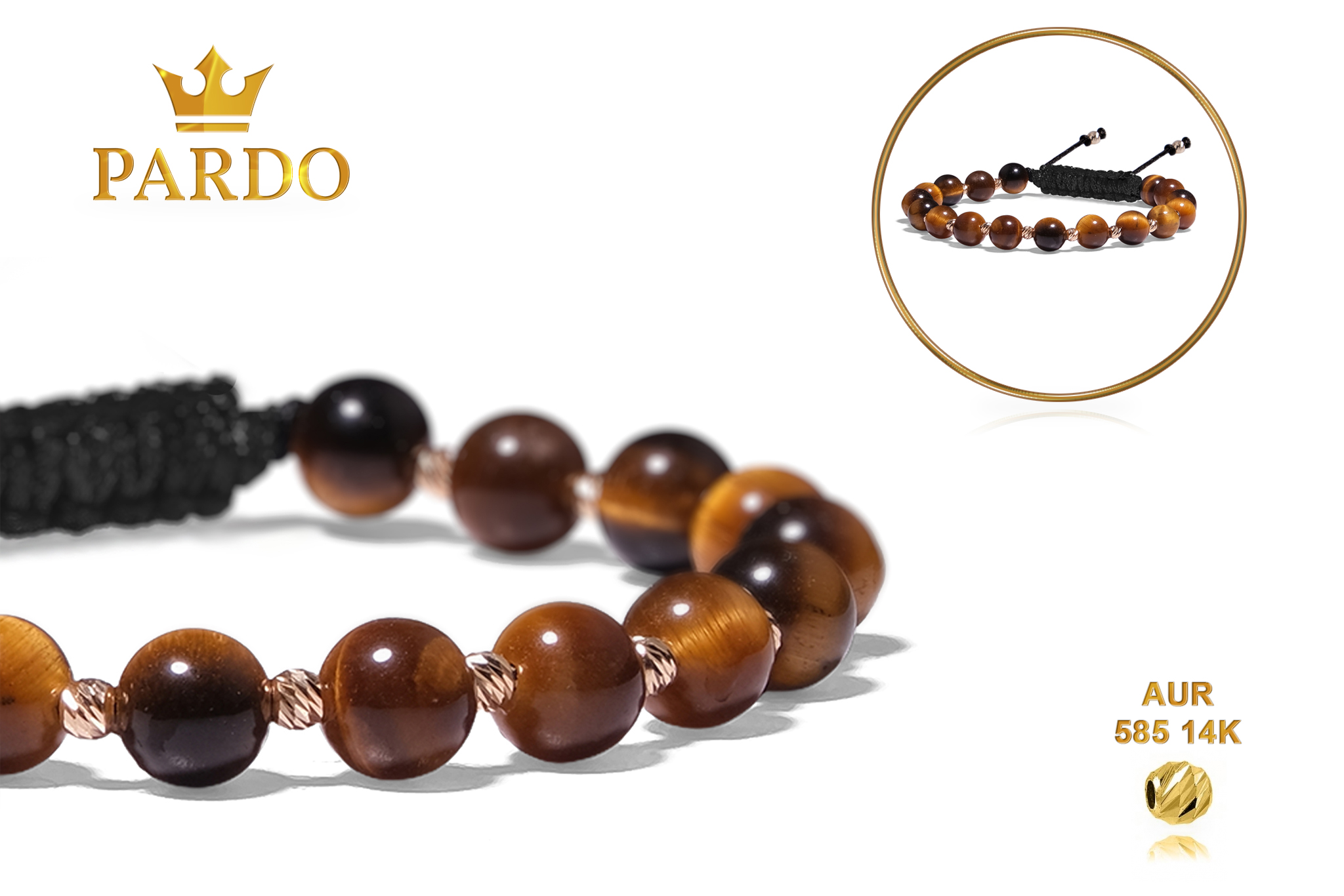 Brățară cu șnur Pardo realizată cu pietre semiprețioase Ochi de Tigru si bile de Aur 585 14K - imagine 5