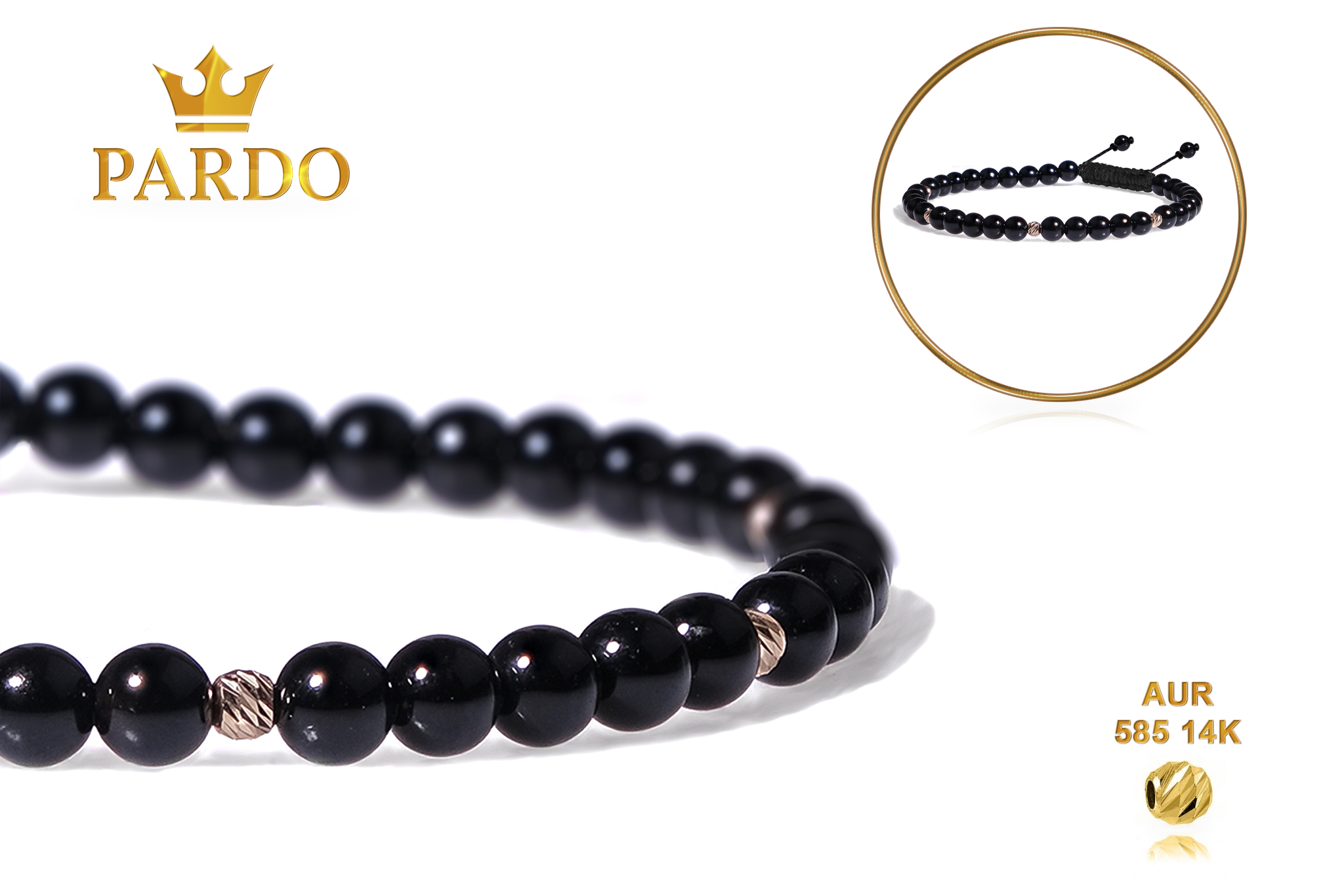 Bratara snur Pardo realizata cu Onix Lucios si Sfere striate din Aur 585 de 14 Karate - imagine 5