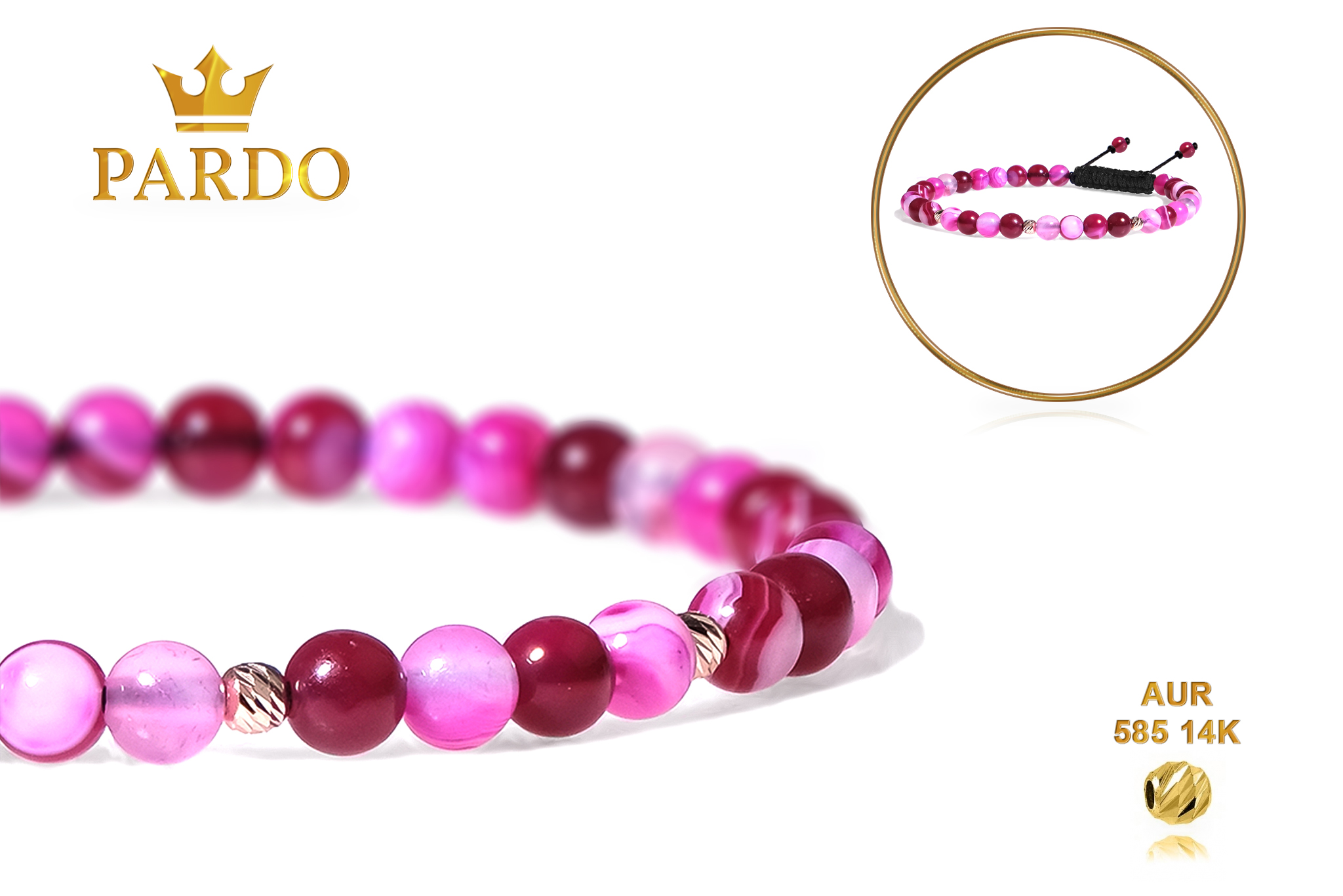 Bratara snur Pardo realizata cu Agat Roz si Sfere striate din Aur 585 de 14 Karate - imagine 5