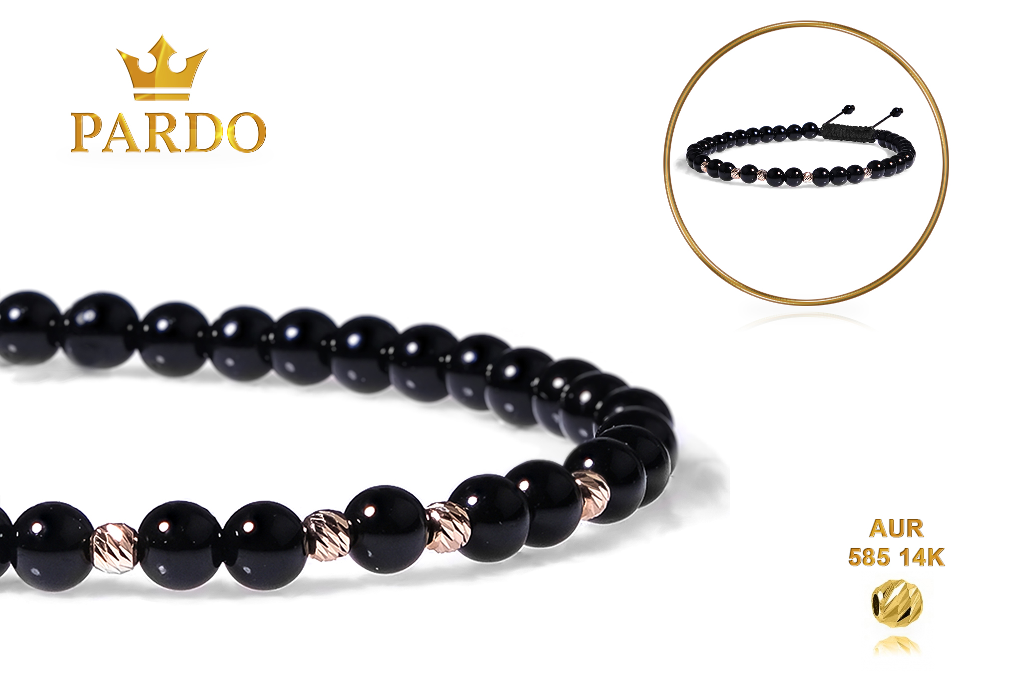 Bratara cu snur Pardo realizata cu pietre semipretioase Onix Lucios si Sfere striate din Aur 585 de 14 Karate - imagine 5