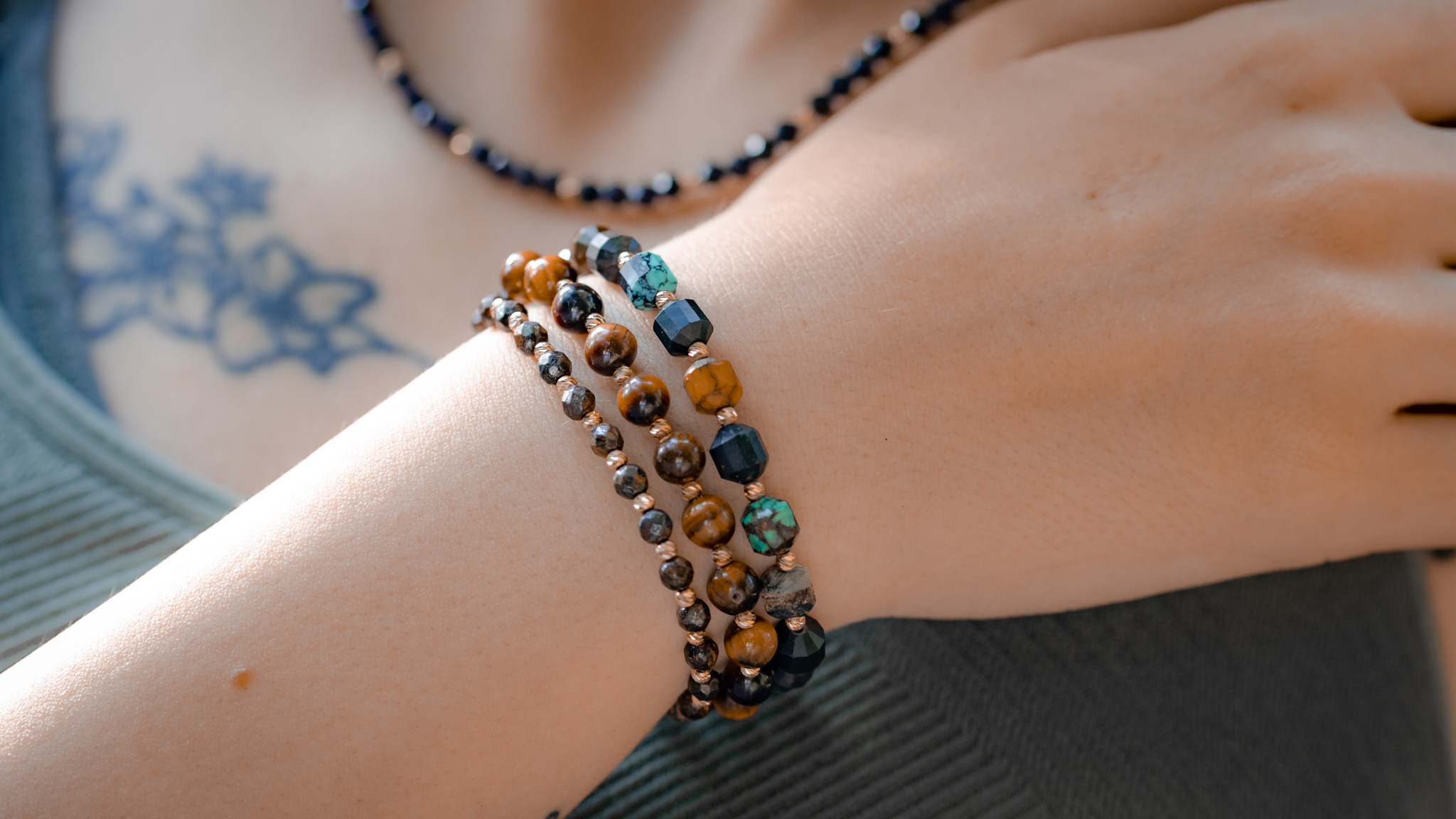 Brățară cu șnur Pardo realizată cu pietre semiprețioase Ochi de Tigru si bile de Aur 585 14K - imagine 8