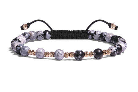 Bratara Pardo realizata cu snur si pietre semipretioase Obsidian Fulg de nea Negru Sfera de 4 mm si sfere striate  din Aur 585 de 14 Karate