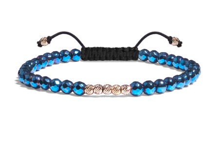 Bratara Pardo realizata cu snur si pietre semipretioase Hematit Albastru Fatetat de 4 mm si sfere striate  din Aur 585 de 14 Karate