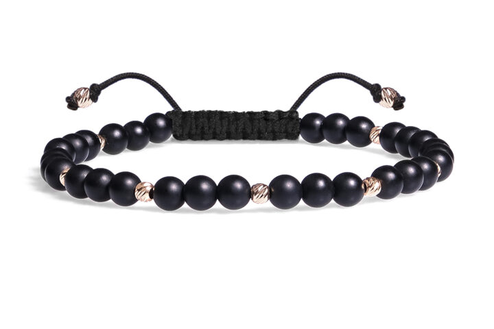 Bratara Pardo realizata cu snur si pietre semipretioase Onix Negru Sfera de 4 mm si sfere striate  din Aur 585 de 14 Karate