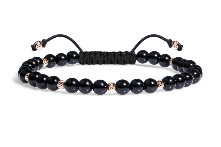 Bratara Pardo realizata cu snur si pietre semipretioase Onix Negru Sfera de 4 mm si sfere striate  din Aur 585 de 14 Karate