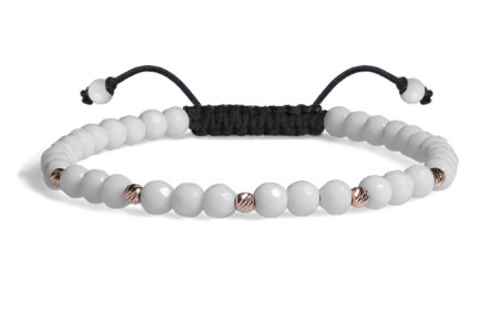 Bratara Pardo realizata cu snur si pietre semipretioase Onix Alb Fatetat de 4 mm si sfere striate  din Aur 585 de 14 Karate