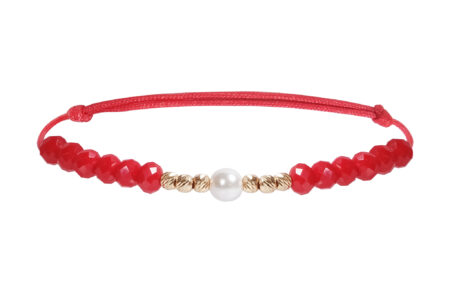 Bratara snur rosu si sfere de Aur 585 14K & Cristale Sticla