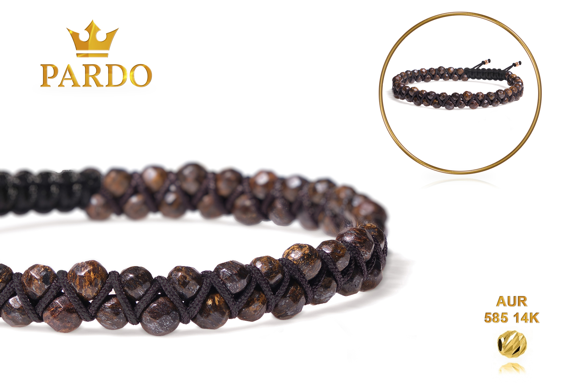 Brățară Pardo cu șnur împletit și Bronzit si bile de Aur 585 14 Karate - imagine 5